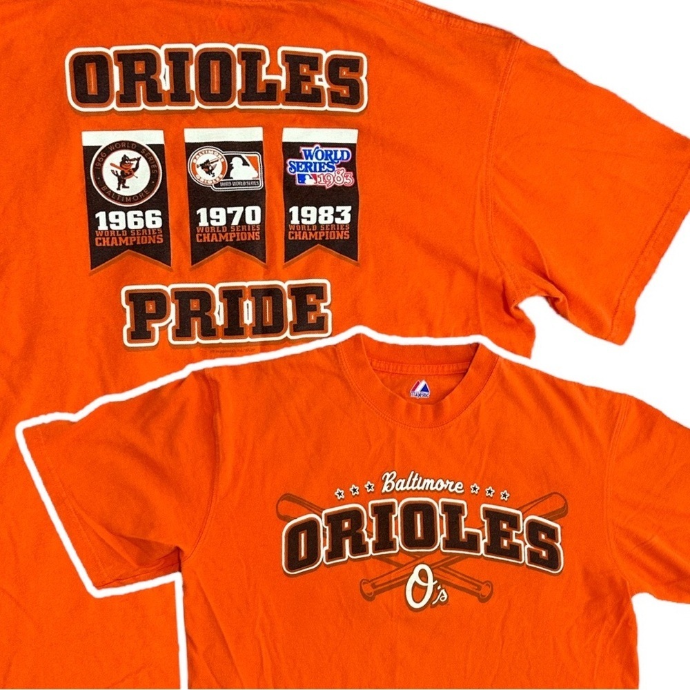 Vintage Baltimore Orioles Majestic Orange Graphic History T-Shirt Size Large